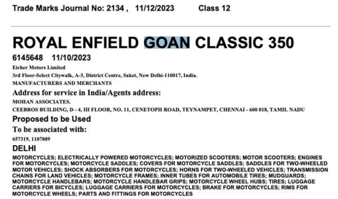 Royal Enfield – Κατοχύρωσε το όνομα Goan Classic 350