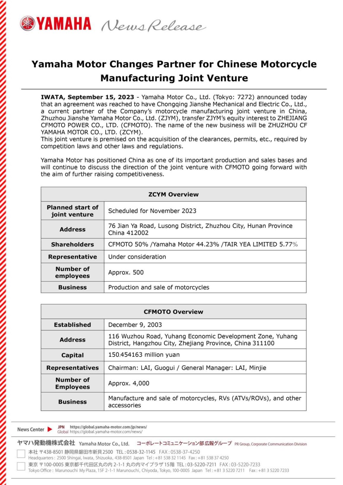 Κοινοπραξία Yamaha & CFMOTO για κατασκευή μοτοσυκλετών στην Κίνα