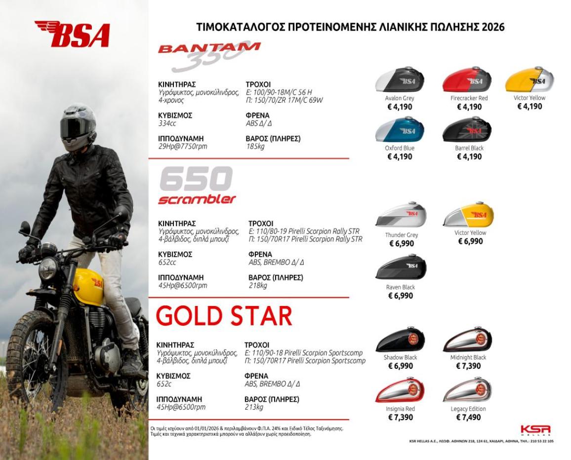 Έναρξη της BSA στην Ελλάδα! Οι τιμές για Bantam 350 – Scrambler 650 και GOLD STAR!
