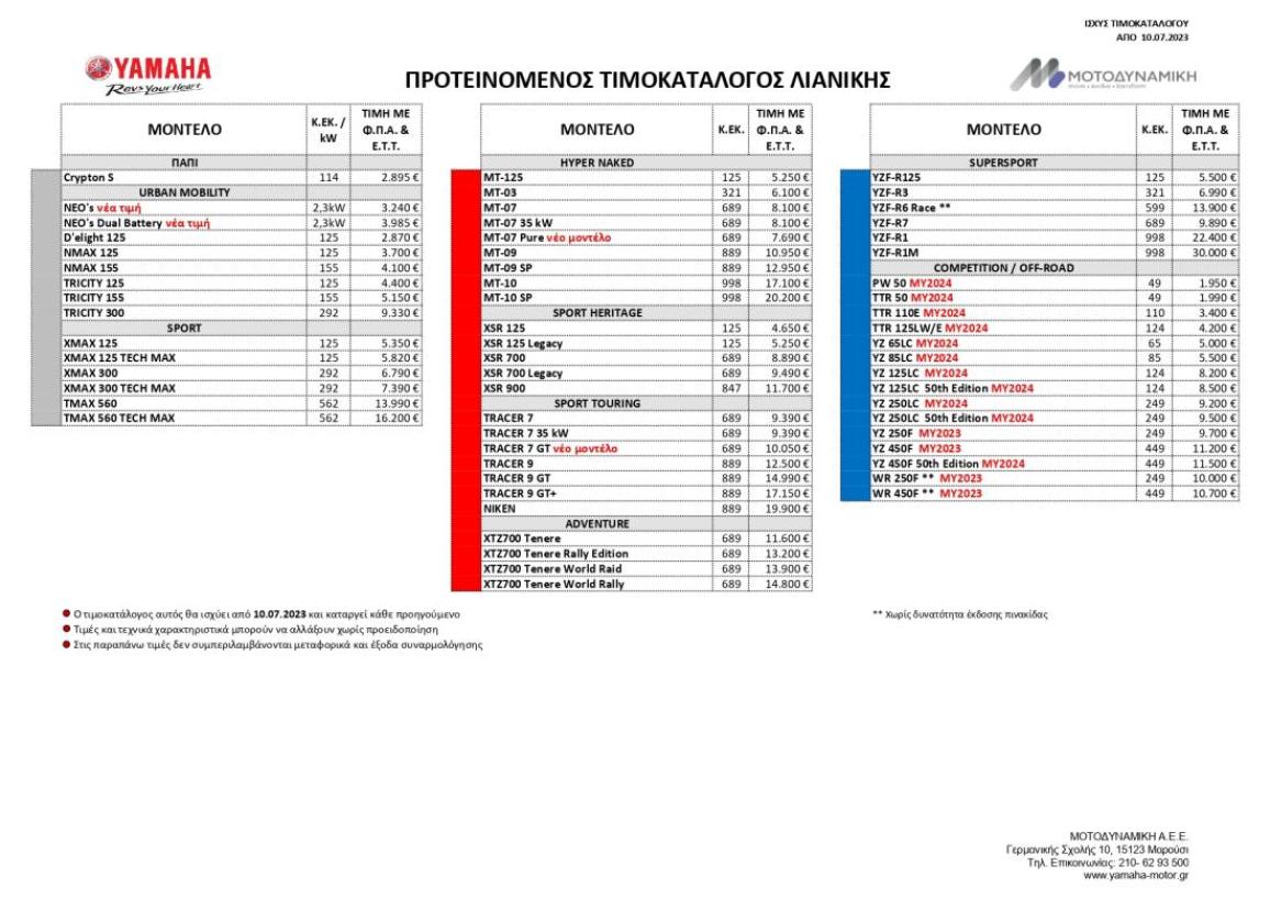 Yamaha Νέος Τιμοκατάλογος