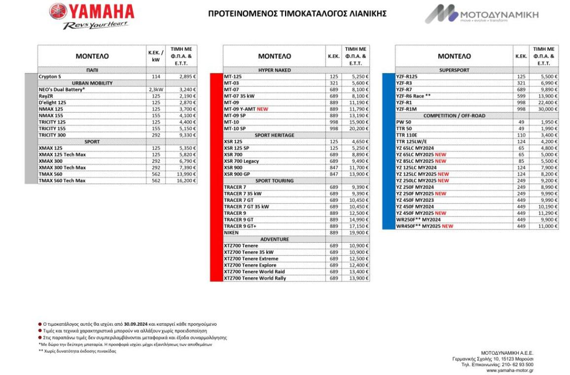 Τιμοκατάλογος Yamaha
